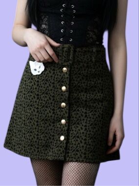 Green Abstract Leopard Print Button Up Skirt with Belt